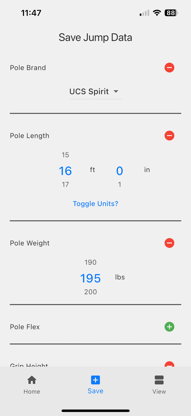 Pole Vault App save jump screen where athletes log jump details