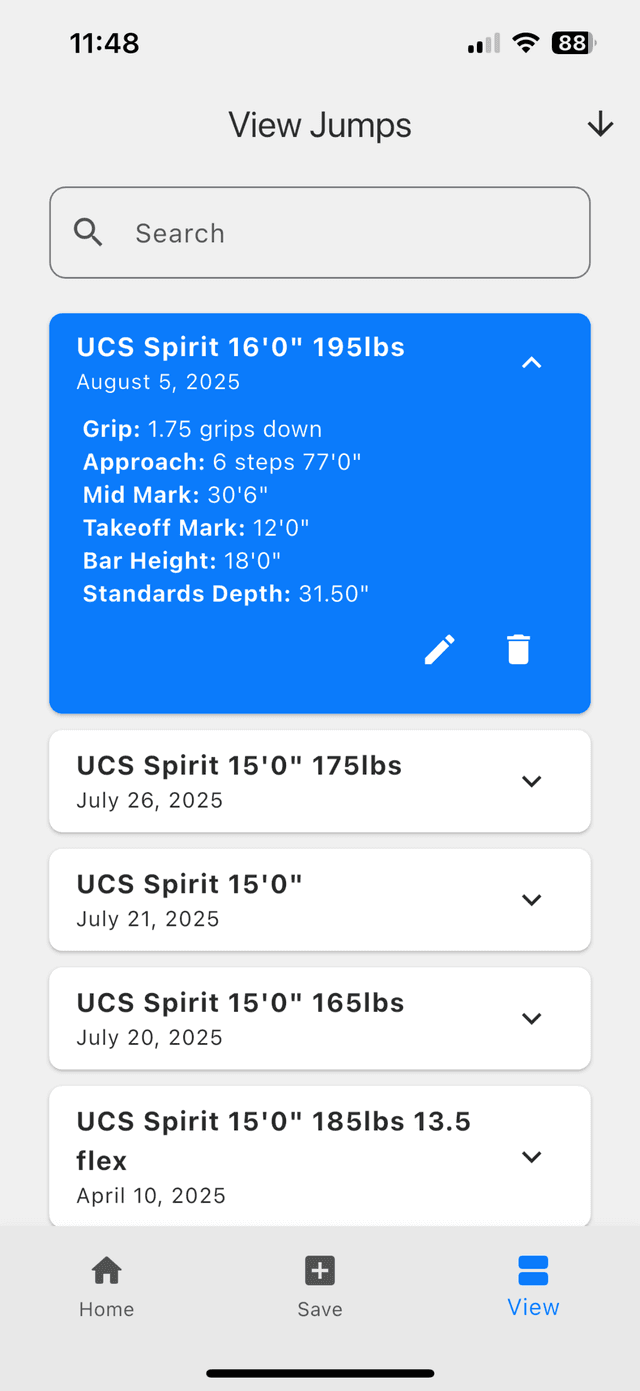Pole Vault App vault history screen with list of past jumps